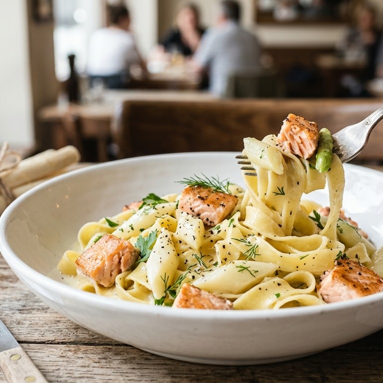 Pasta met zalm en asperges
