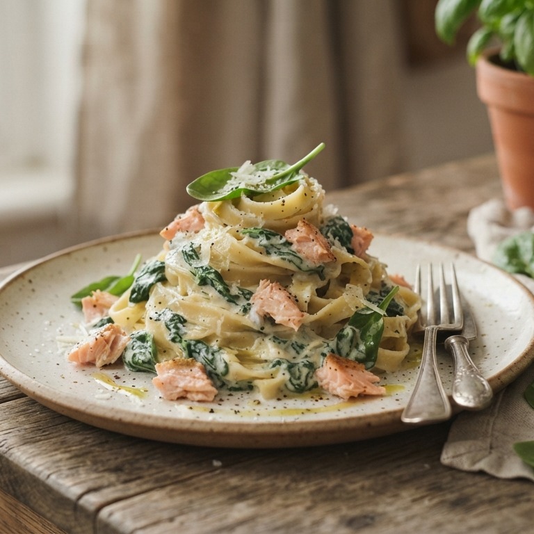 Pasta met zalm en spinazie