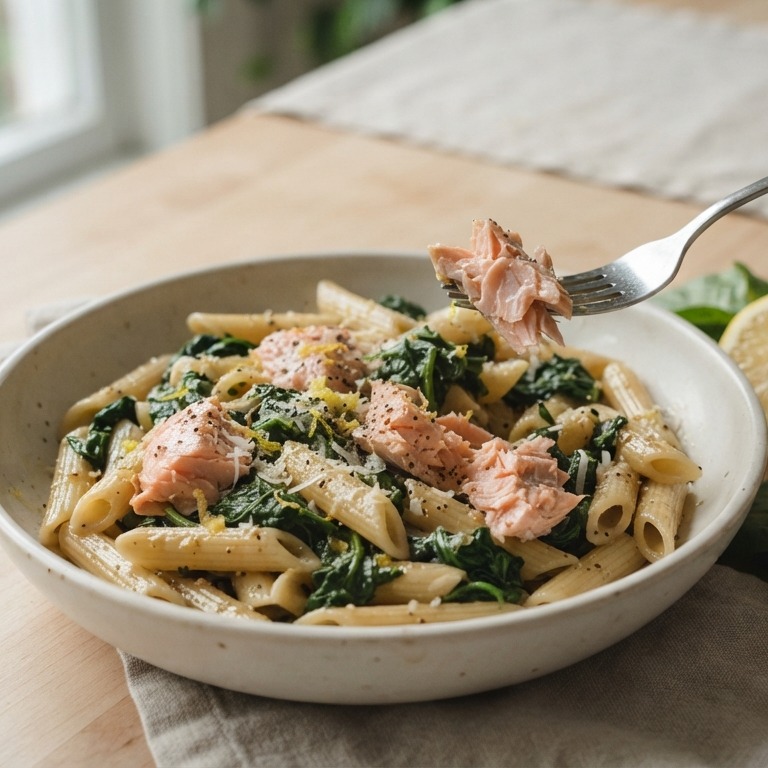 Pasta met zalm, spinazie en citroen