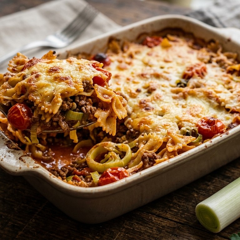 Pasta ovenschotel met gehakt,prei en kaas