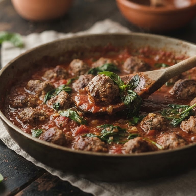 Pasta saus met verse spinazie en gehaktballetjes