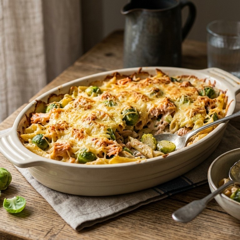Pastagratin met spruiten en zalm