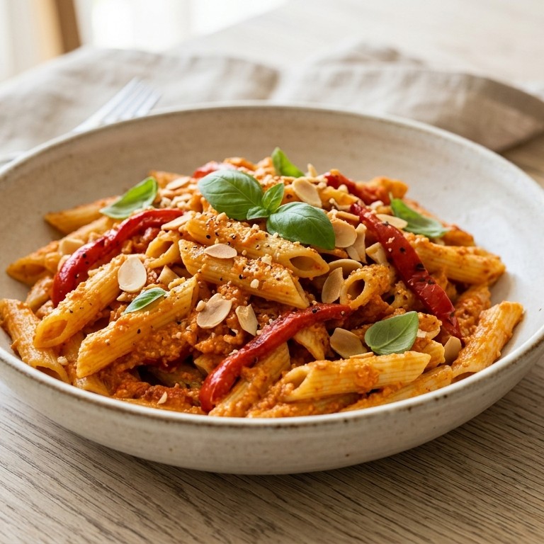 Pastasalade met amandel-paprikasaus
