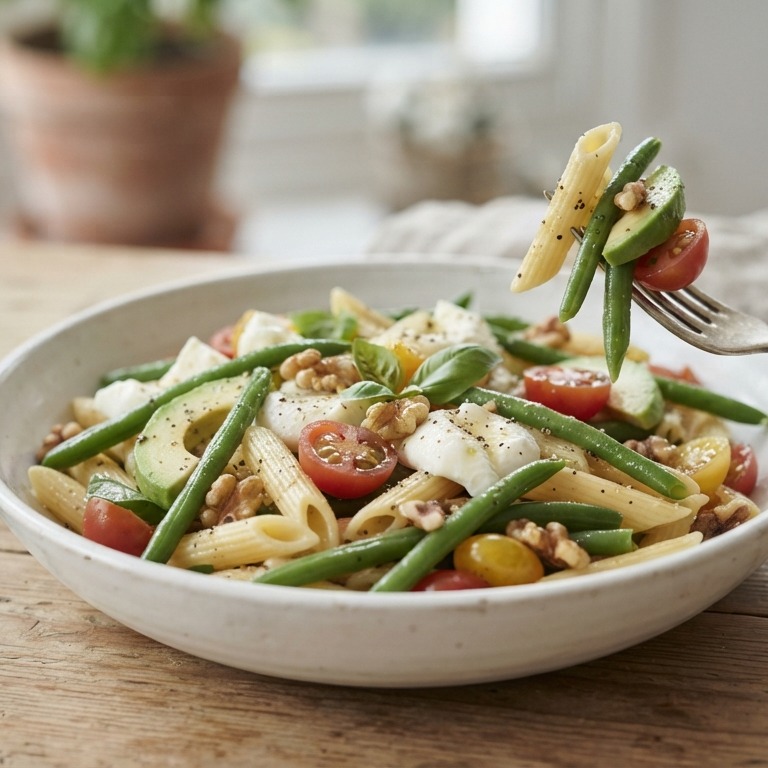 Pastasalade met avocado en haricots verts