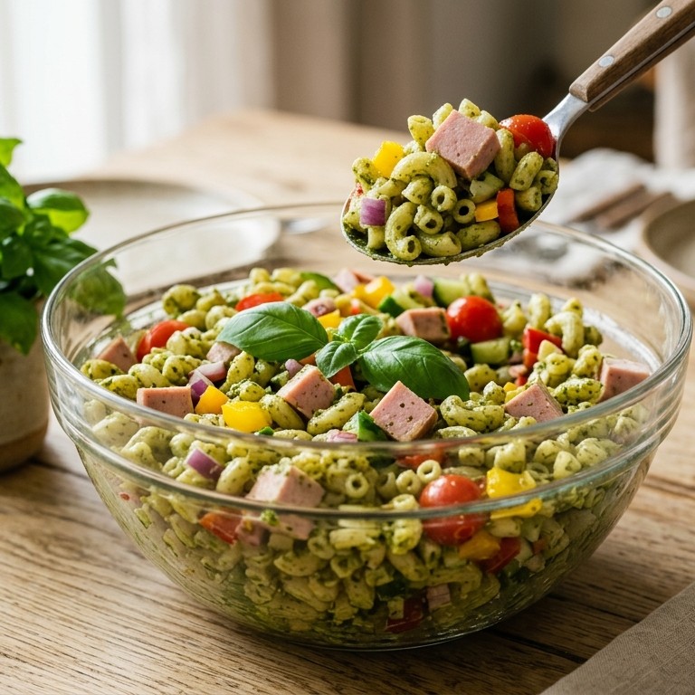 Pastasalade met boterhamworst en groene pesto