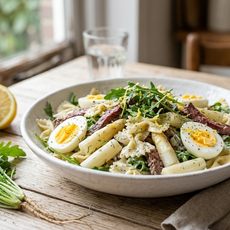 Pastasalade met ei en asperges