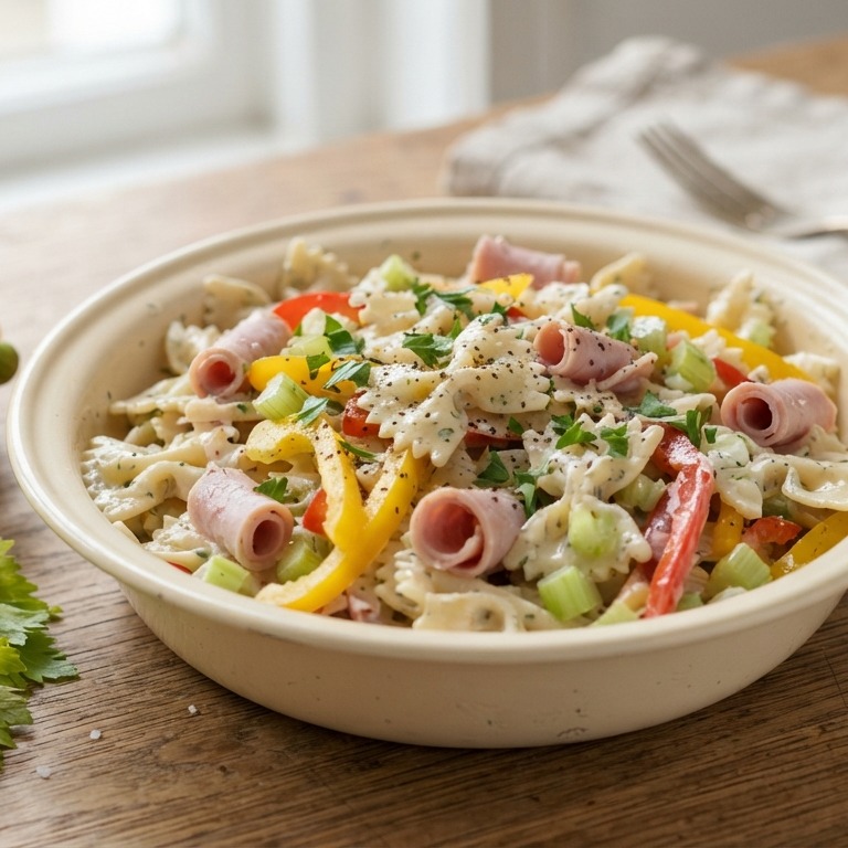 Pastasalade met gele en rode paprika, ham en bleekselderij