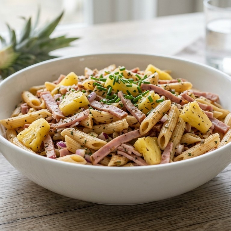 Pastasalade met ham, ananas en tomatensaus
