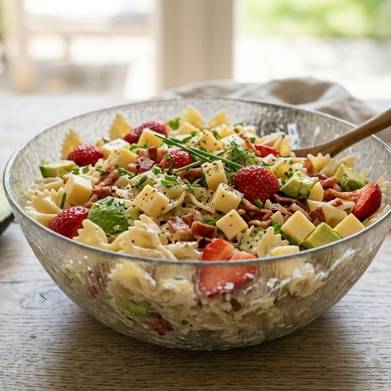 Pastasalade met kaas en aardbeien