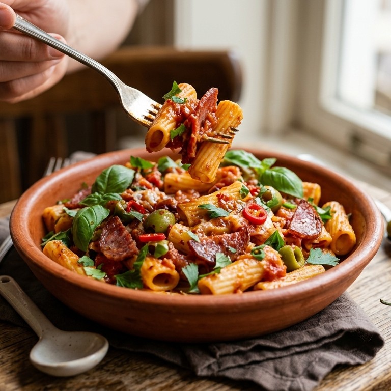 Pastasaus met salami, olijven en verse kruiden