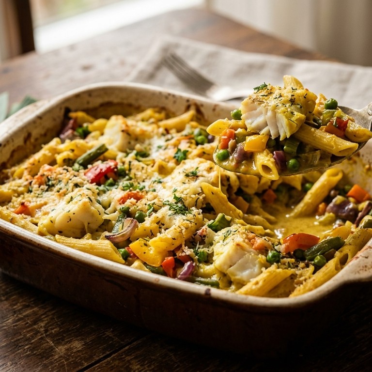 Pastaschotel met vis en kerriesaus