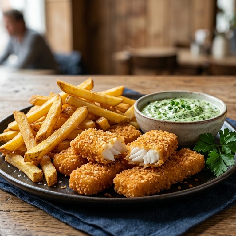 Patat met kabeljauwstick en kruidensaus