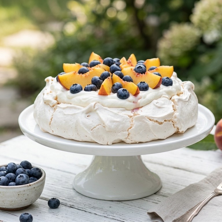 Pavlova met perzik en bosbessen