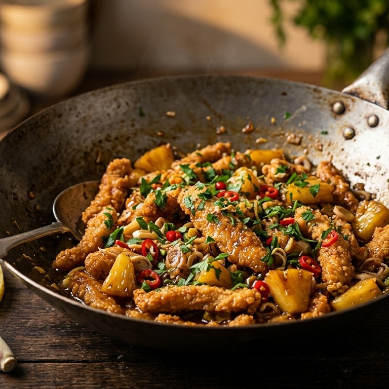 Pedis filets Ajam Dengan Nanas (pittige kalkoenfilet met ananas en peterselie)