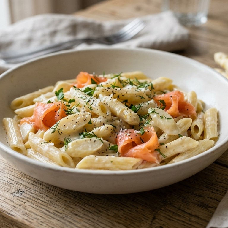 Penne met asperges en gerookte zalm