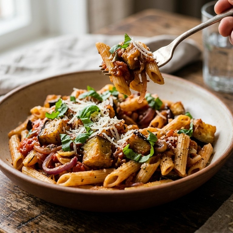 Penne met aubergine