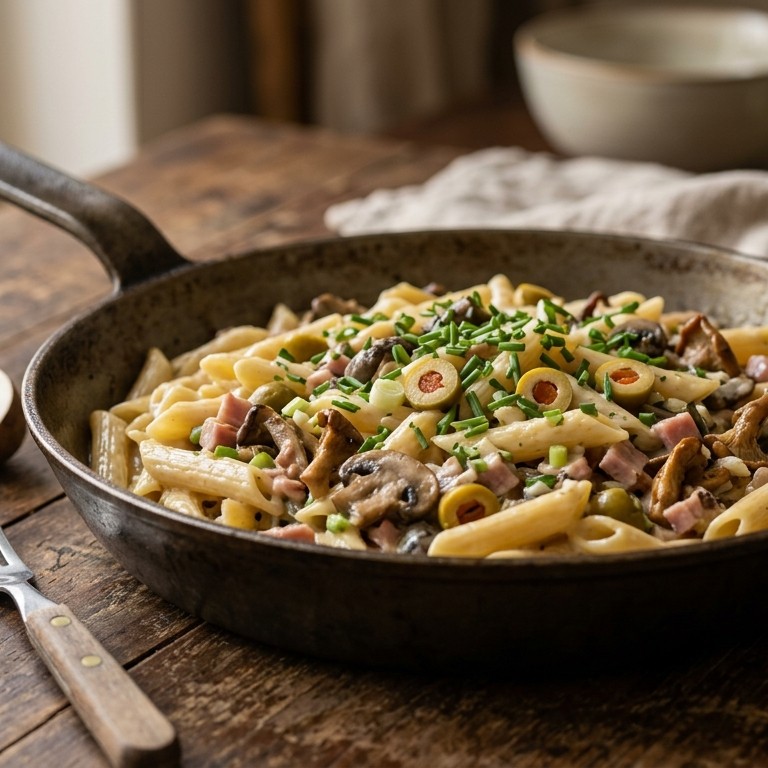 Penne met champignon-hamschotel