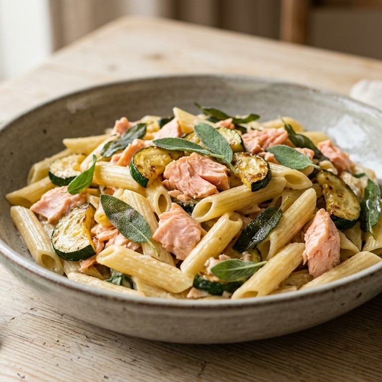 Penne met courgette, zalm en salie
