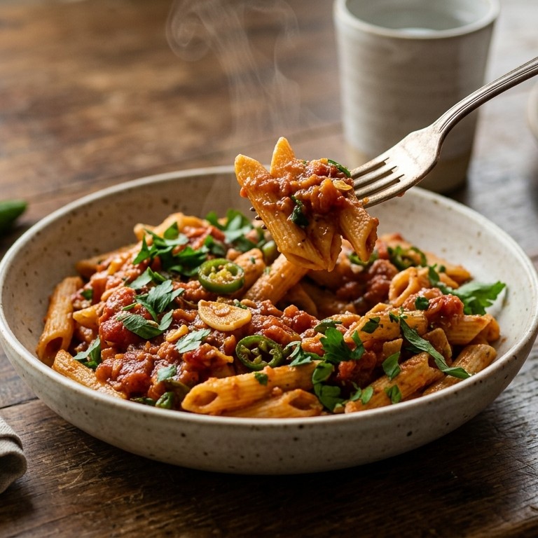 Penne met een tomaten/knoflook/peterselie sausje