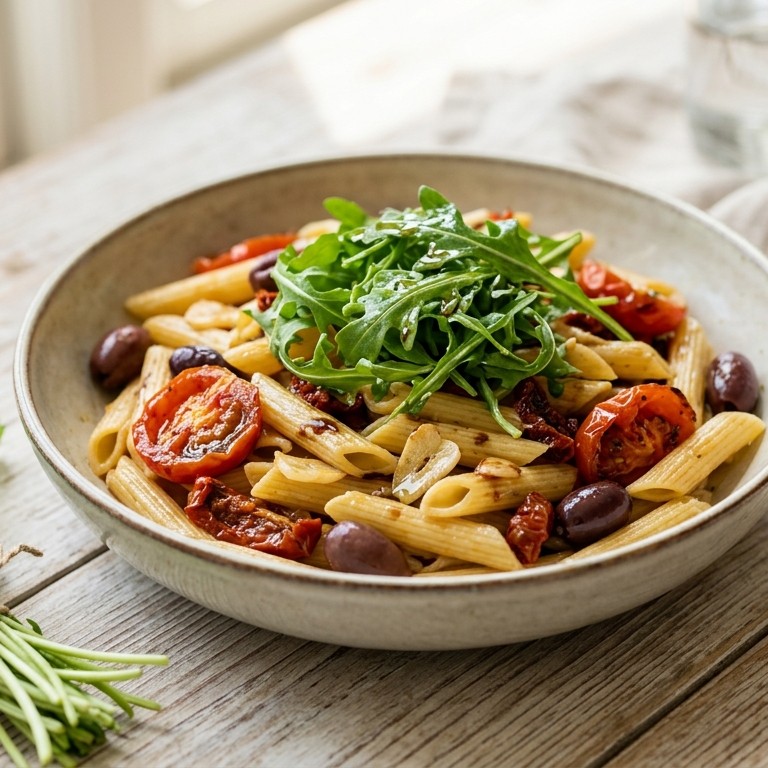 Penne met geroosterde tomaten, rucola en olijven