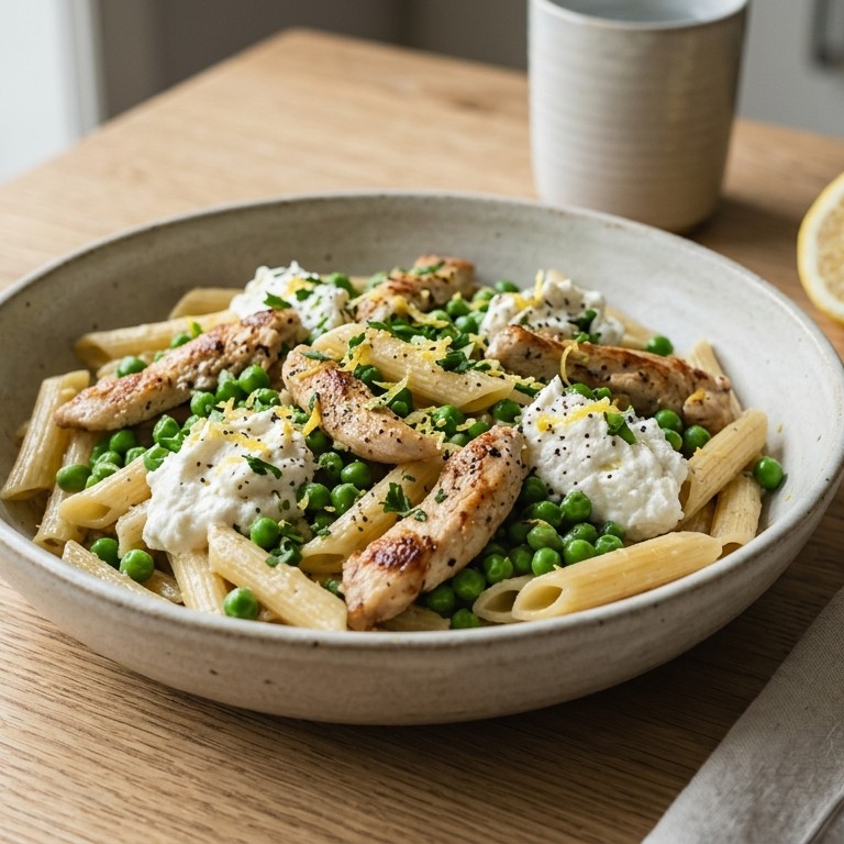 Penne met kip, doperwtjes en ricotta