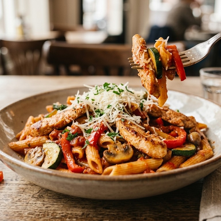 Penne met kipreepjes