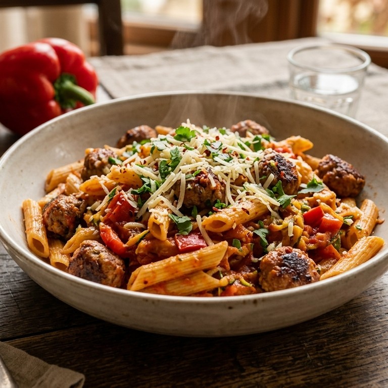 Penne met kruidige gehaktballetjes