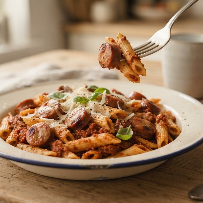 Penne met pesto rosso en boomstammetjes
