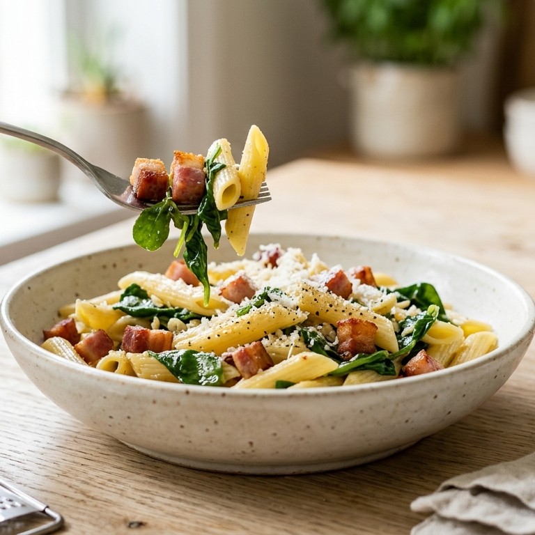 Penne met postelein en pancetta