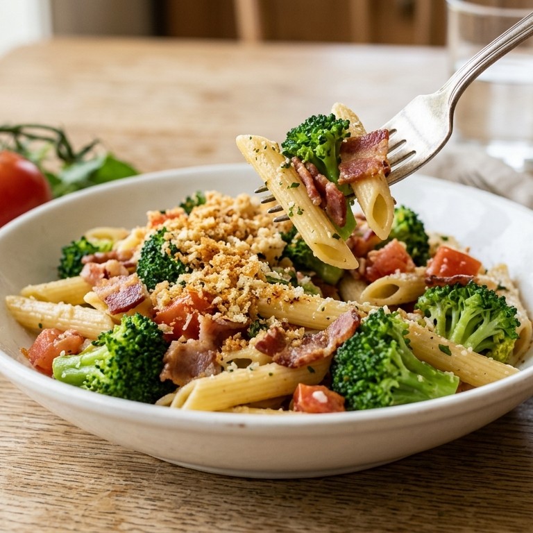 Penne met spekjes en broccoli