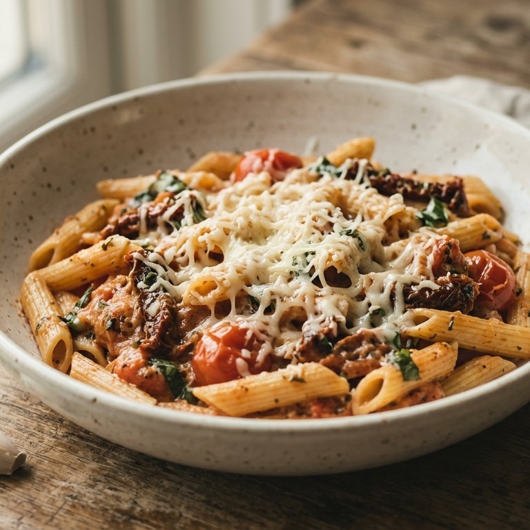 Penne met tomaten en belegen kaas