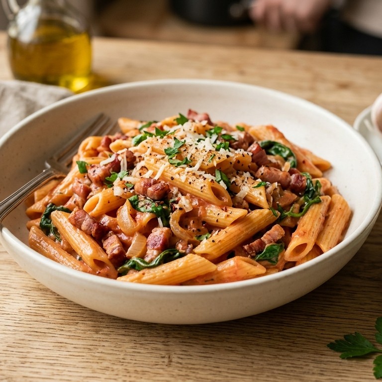 Penne met tomaten-roomsaus en spinazie