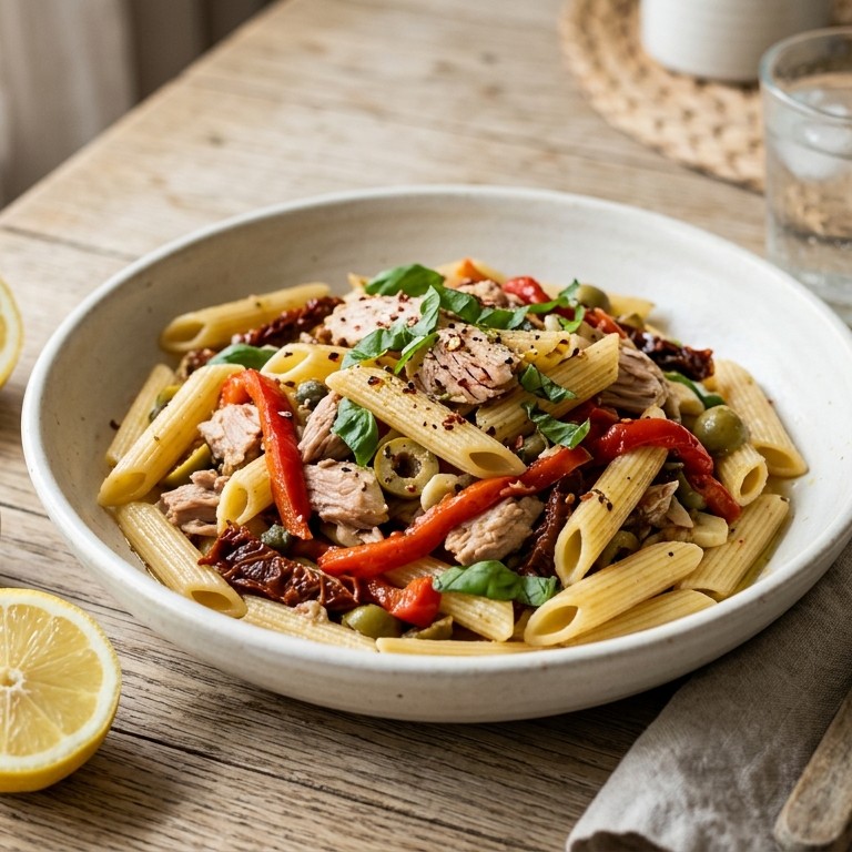 Penne met tonijn, geroosterde paprika en gedroogde tomaatjes