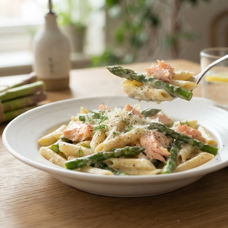 Penne met zalm en asperes