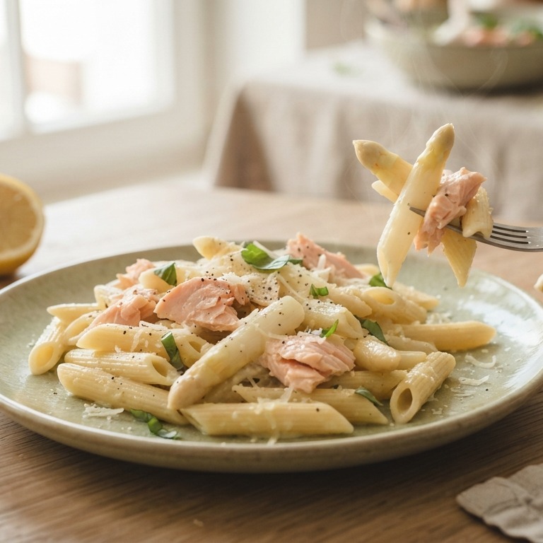 Penne met zalm en witte asperges