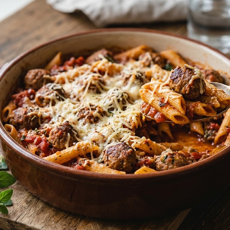 Penne pasta met gehaktballetjes in  een kruidige tomatensaus