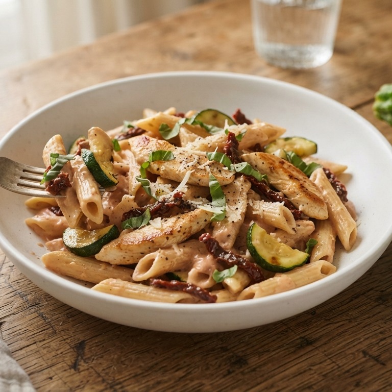 Penne pasta met kip, courgette en zongedroogde tomaatjes