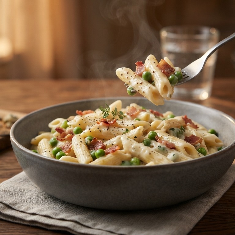Penne pasta met roquefort en spek
