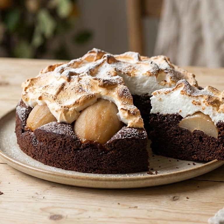 Peren-chocoladetaart met schuim