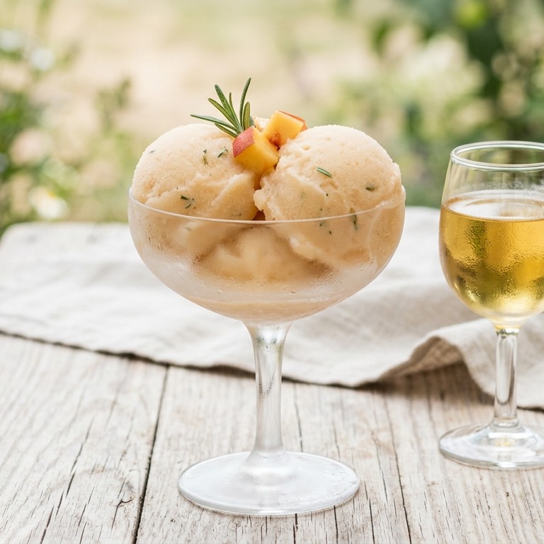 Perzik-rozemarijnsorbet met ijskoude dessertwijn