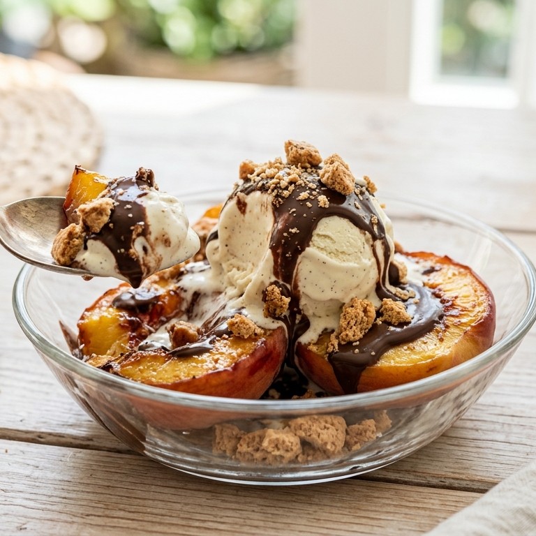 Perziken met ijs en chocolade
