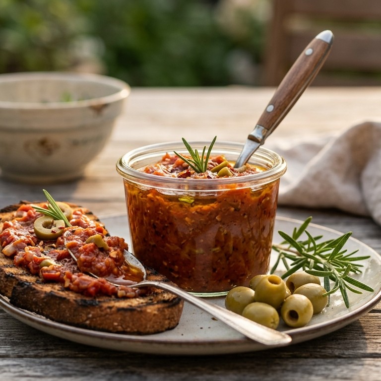 Pesto van tomaten, rozemarijnazijnsaus, paprika en olijven