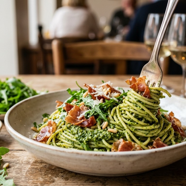 Pestospaghetti met rucula en krokante ham