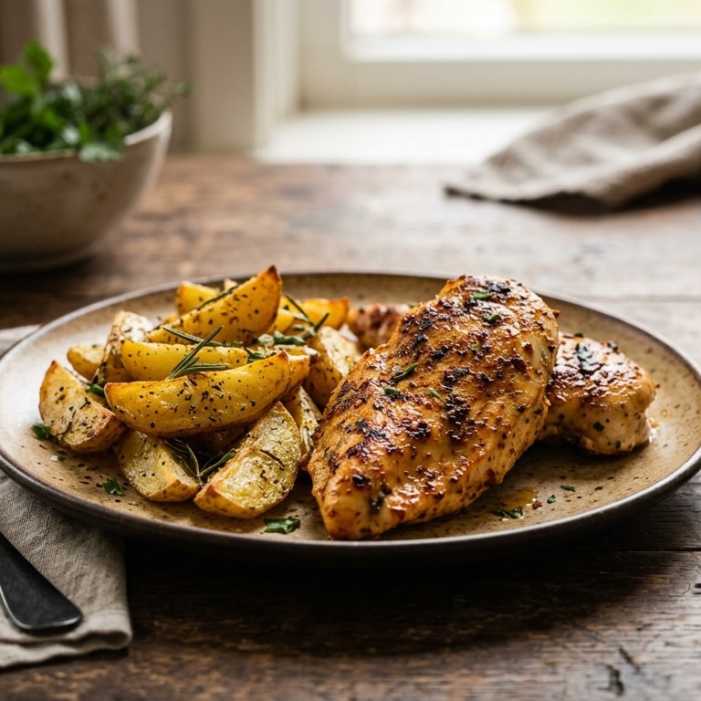 Pikante kipfilet met gebakken aardappelen
