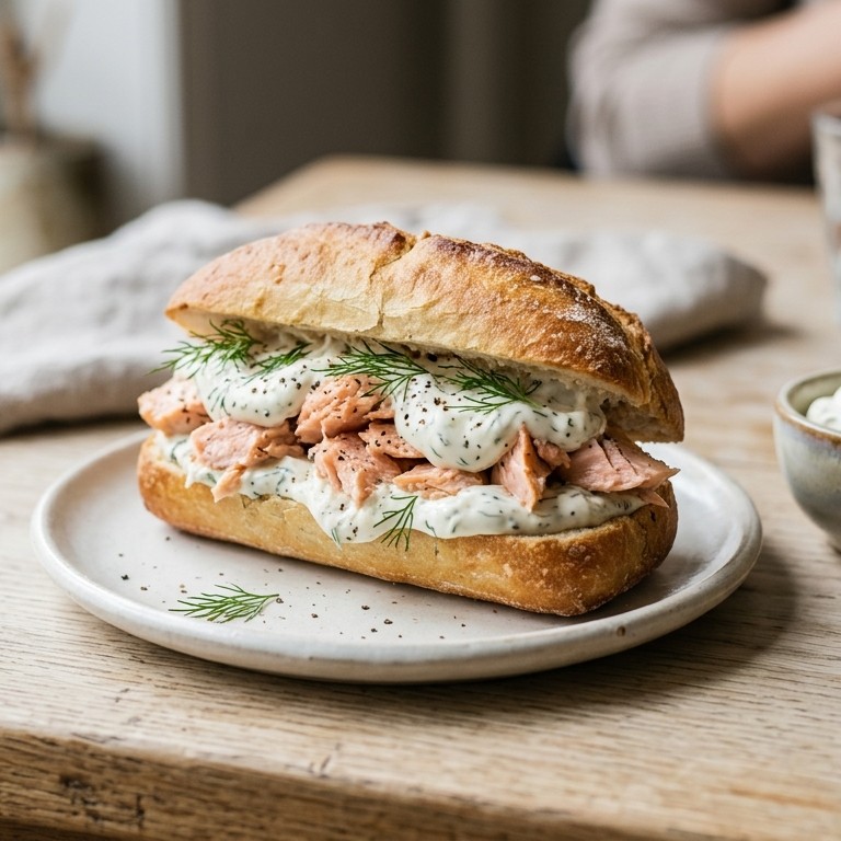 Pistolet met zalmfilet en dillesaus