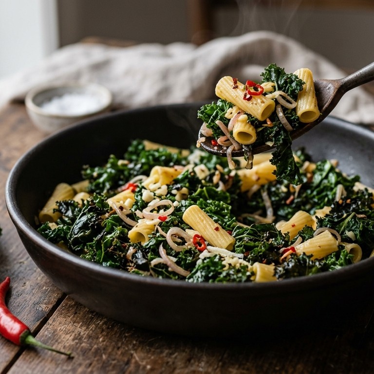 Pittig boerenkool met pasta