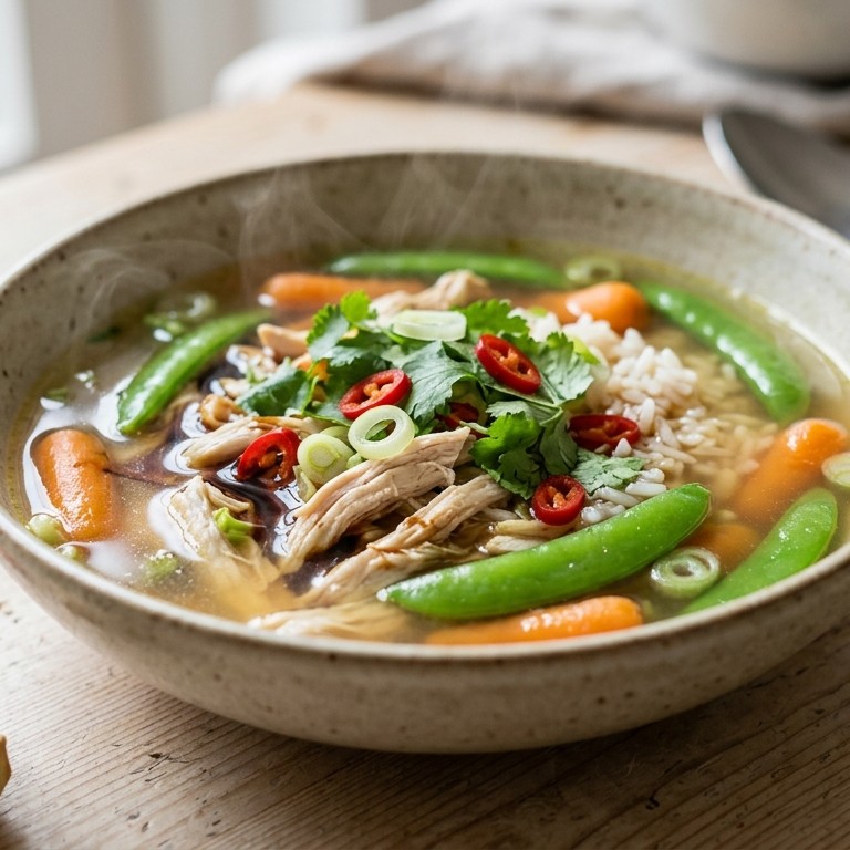 Pittige kippensoep met sugar snaps