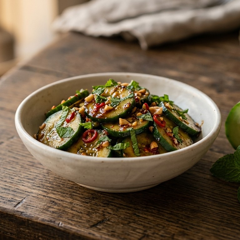 Pittige komkommersalade met gesnipperde munt of bieslook
