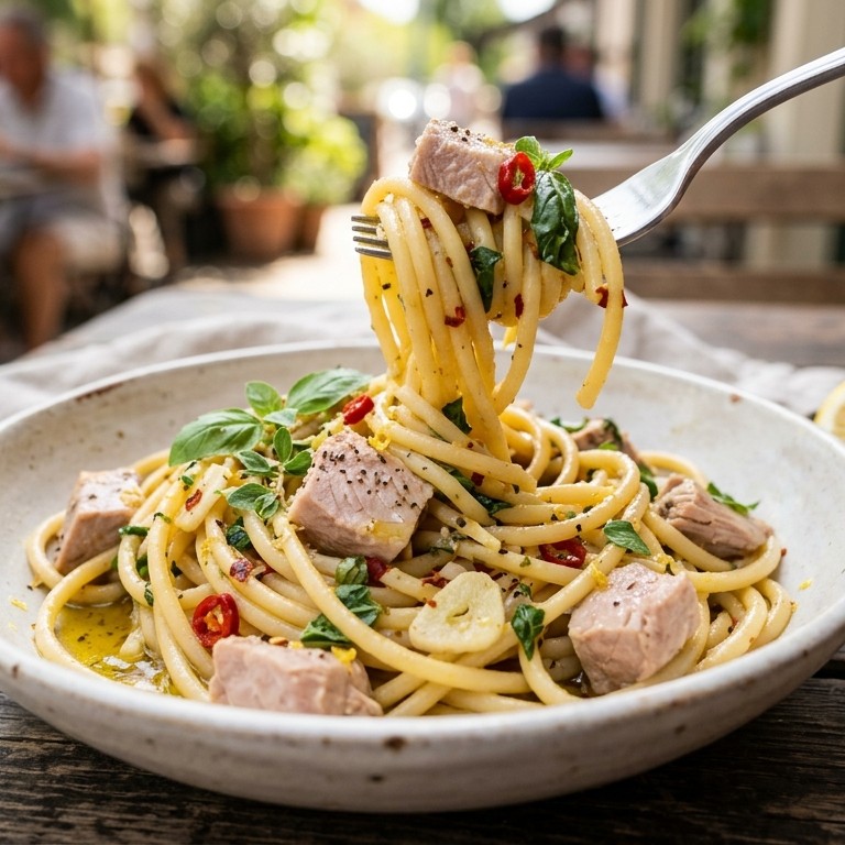 Pittige pasta met rauwe tonijn