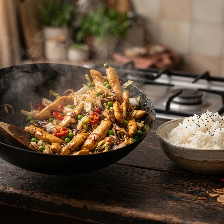 Pittige roergebakken kip met Chinese kool